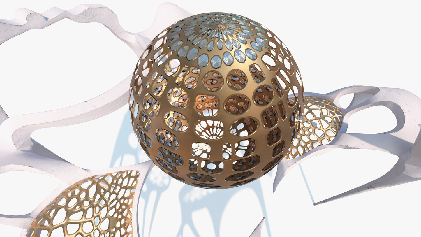 Closeup of a floating jeweled sphere atop a futuristic building in art nouveau style, 3d model