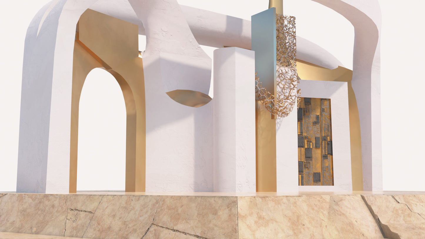 Modern futuristic structure 3D model for Blender, GLB and FBX, PBR, lowpoly, with a Klimt style painting and arched doors