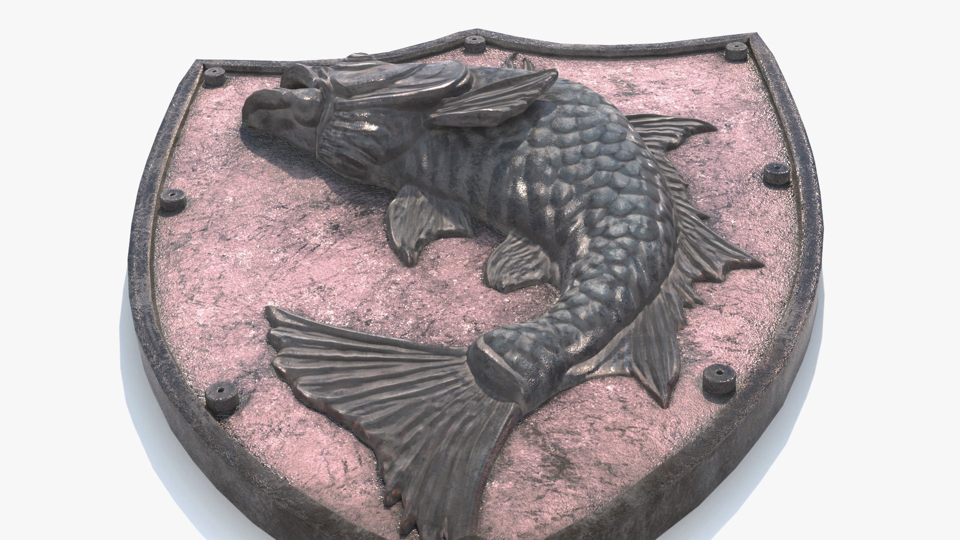 Decorative plaque with fish design on a pink background, 3D model, game asset, pbr