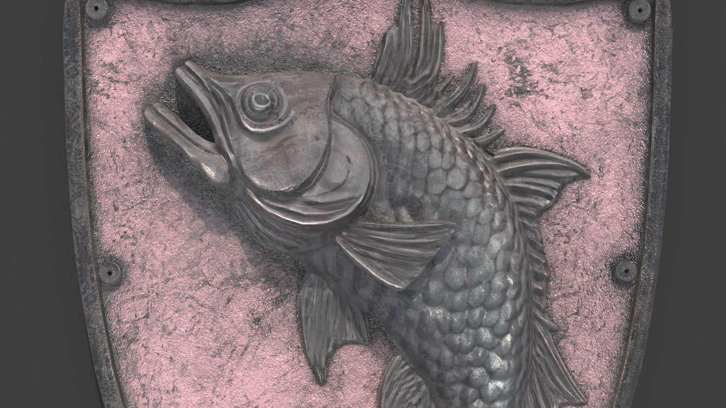 Metallic fish sculpture on a textured pink background, 3D model, game asset, pbr