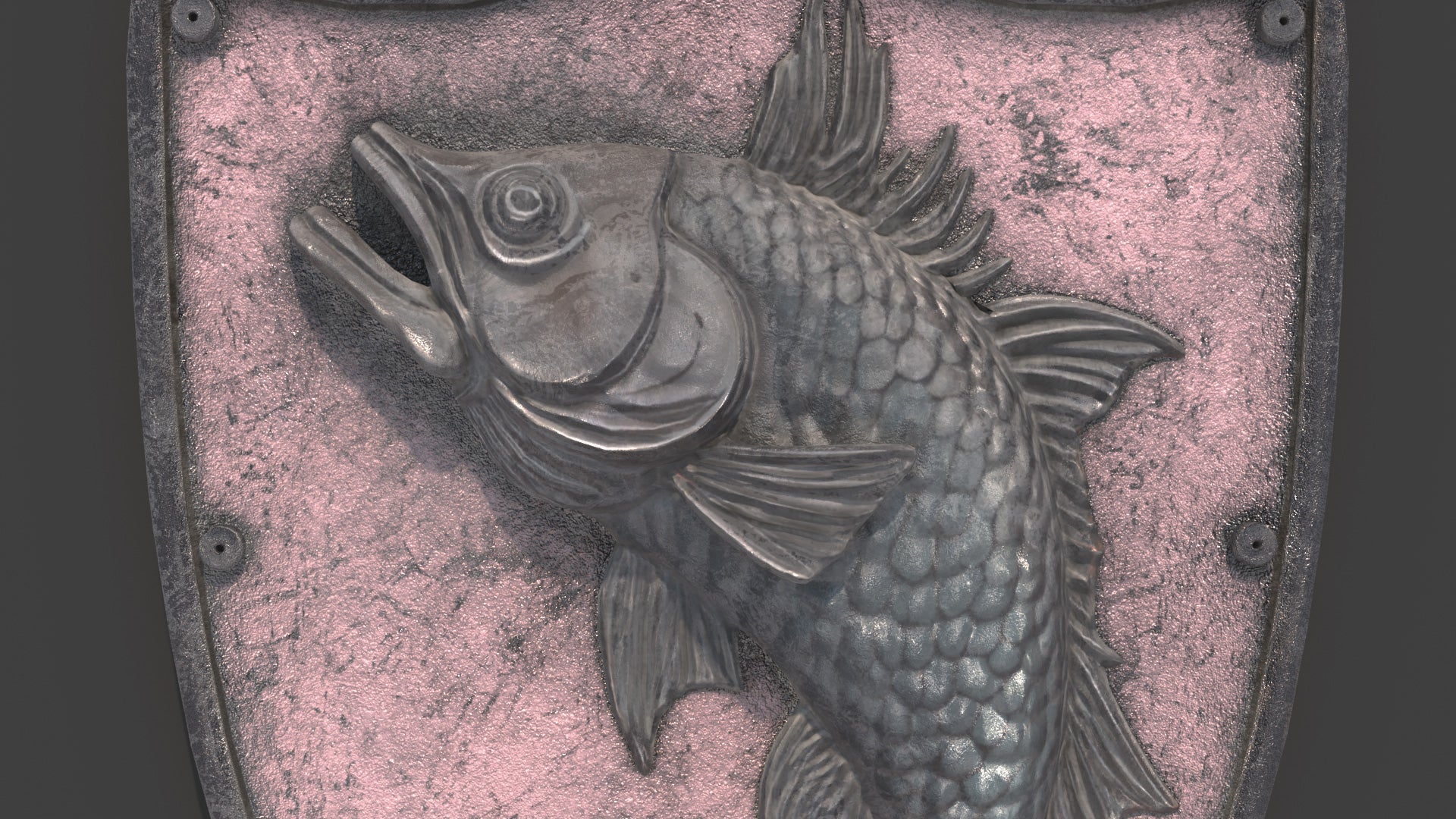 Metallic fish sculpture on a textured pink background, 3D model, game asset, pbr