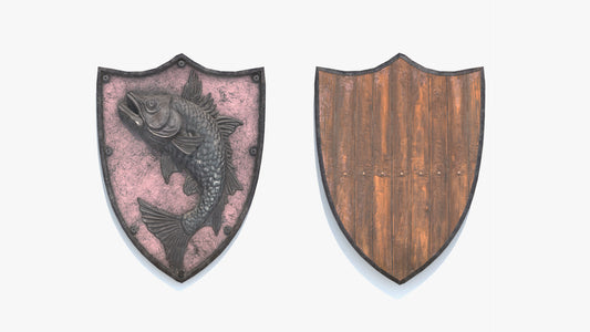 Two decorative shields with fish design on a white background, 3D model, game asset, pbr