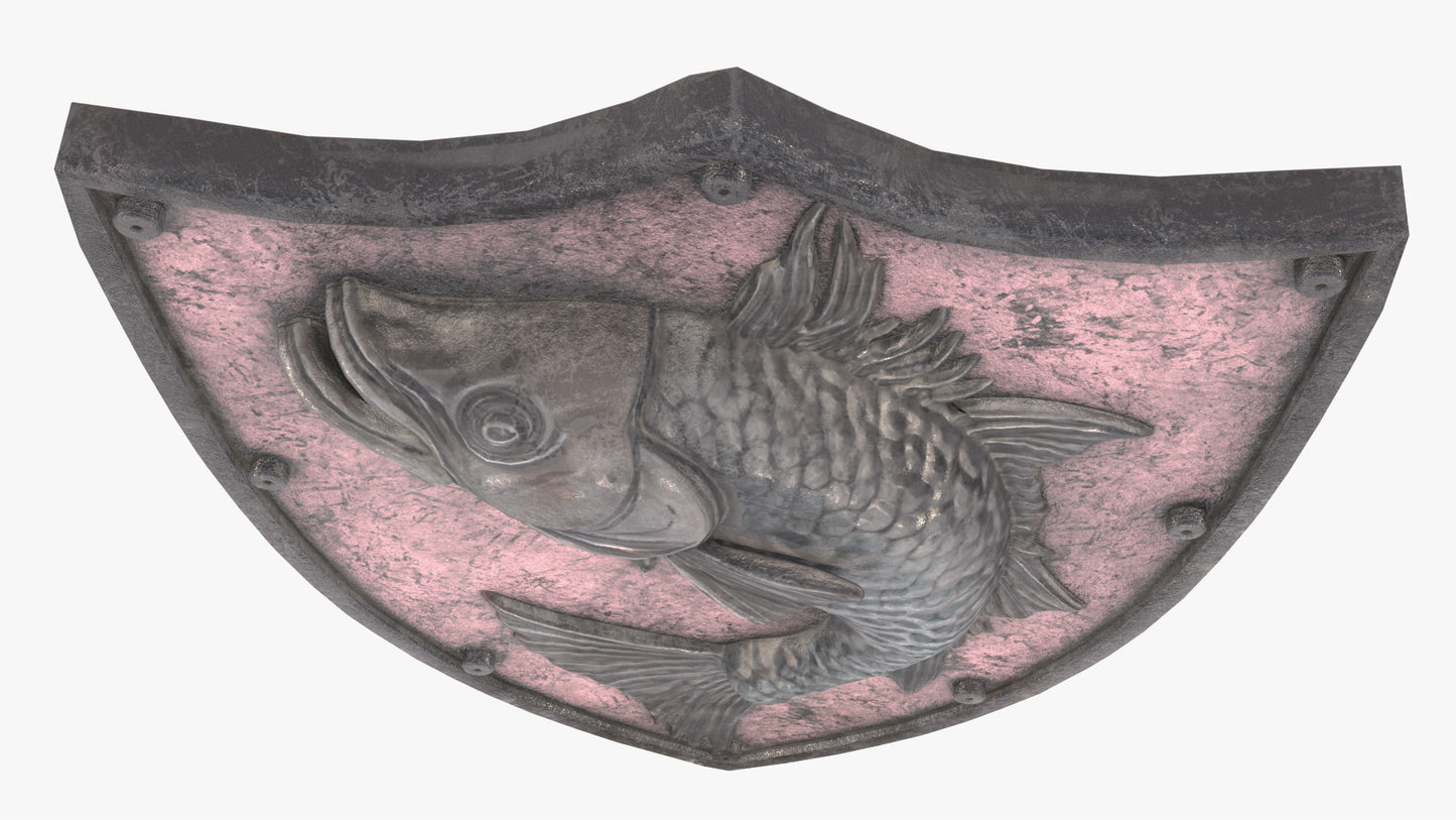 Decorative wall art with a fish design on a pink background, 3D model, game asset, pbr