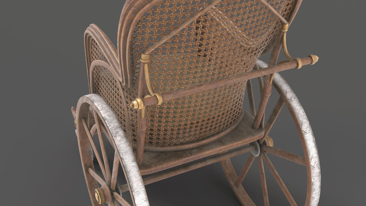 Back view of an antique wheelchair 3D model for Blender showing the woven cane backrest, wooden push bar and brass fittings