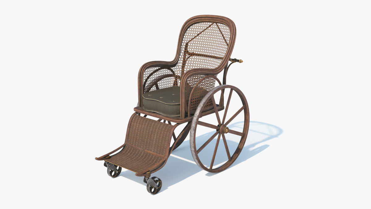 Antique wooden wheelchair 3D model for Blender with cane backrest, wicker footrest and spoked wheels, low poly PBR