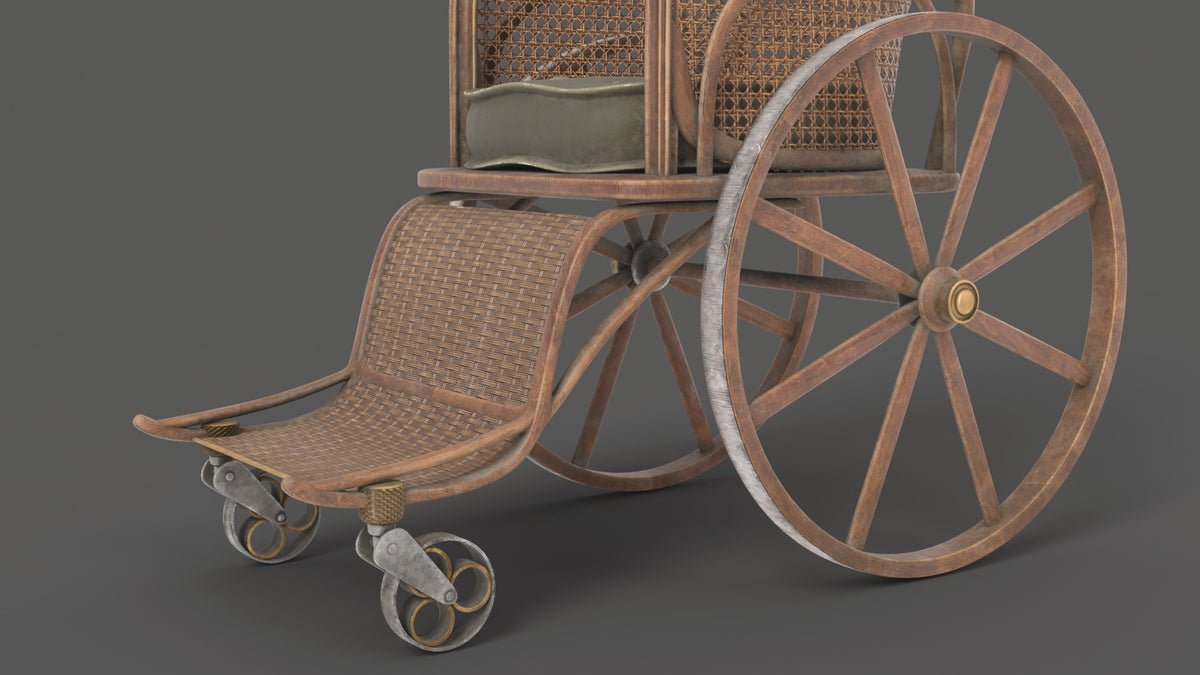 Close-up of an antique wheelchair 3D model with a wooden spoked wheel, brass hub and metal swivel casters on a wicker footrest
