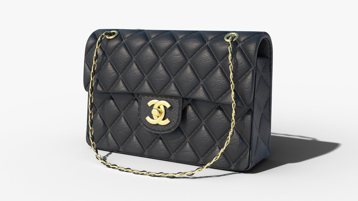 Chanel hand bag 3D model GLB, FBX, Blender, with PBR textures and low poly count. Animable chain