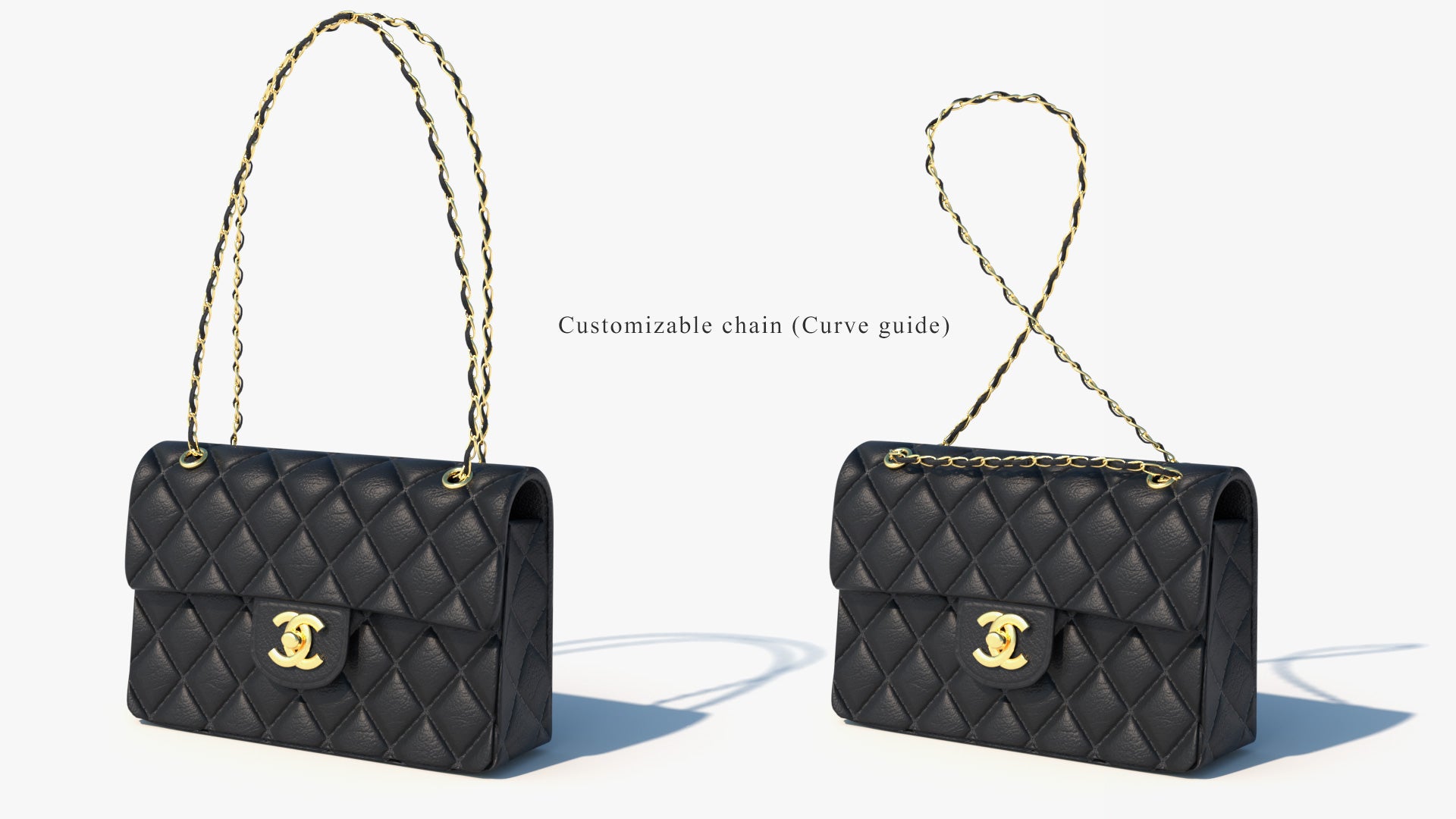 Chanel hand bag 3D model GLB, FBX, Blender, with PBR textures and low poly count. Animable chain
