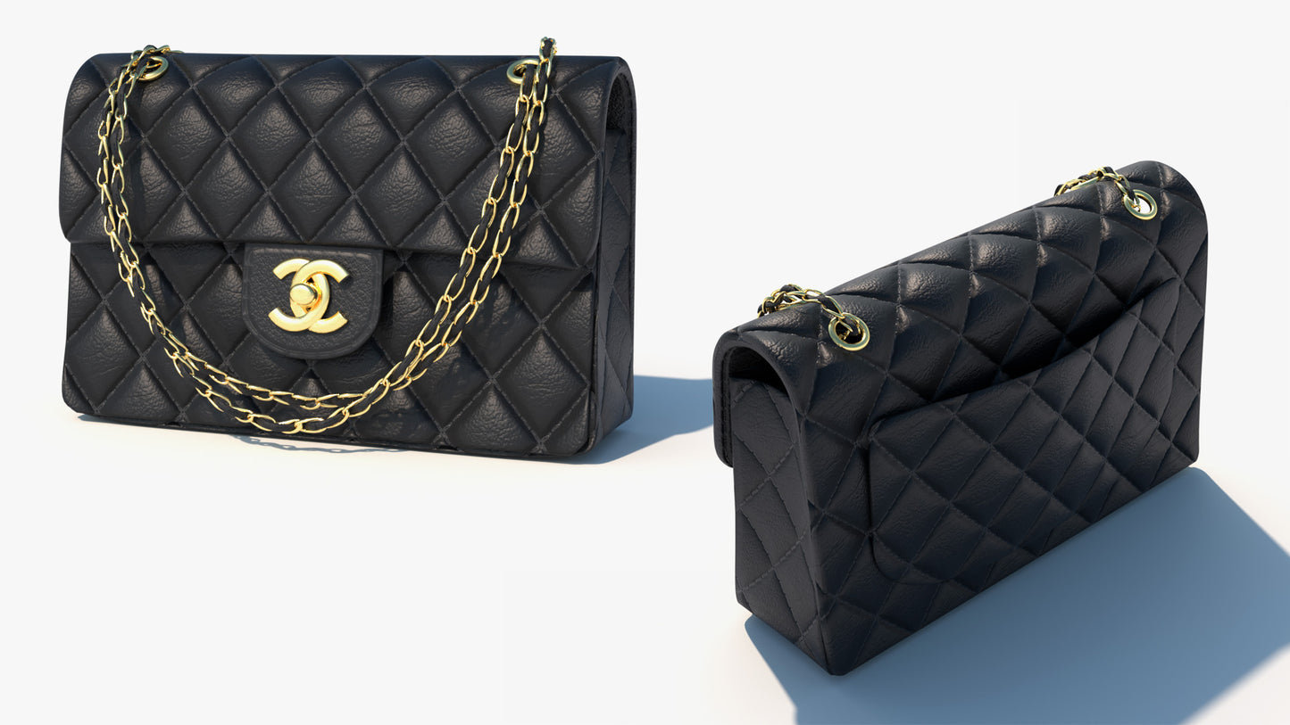 Chanel hand bag 3D model GLB, FBX, Blender, with PBR textures and low poly count. Animable chain