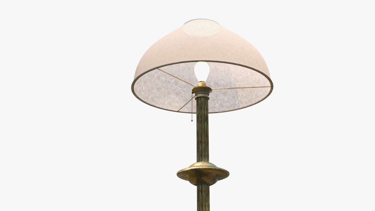 Close-up of an Edwardian lamp 3D model showing the brass socket, frosted bulb, fluted green-brass stem and bead pull chain