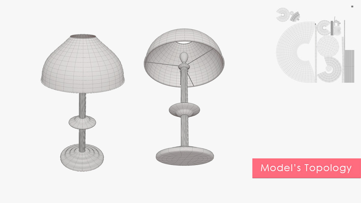 Wireframe topology and UV layout of an Edwardian table lamp 3D model with clean quad geometry for Blender and game engines
