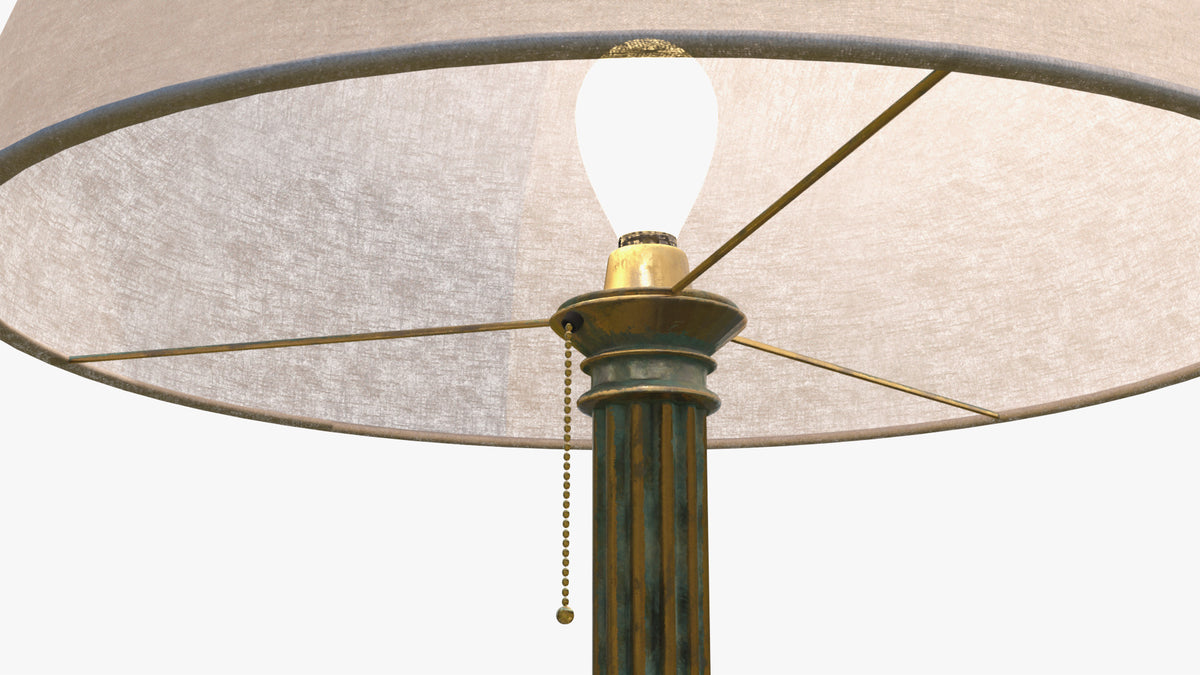 Close-up of an Edwardian lamp 3D model showing the brass socket, frosted bulb, fluted green-brass stem and bead pull chain