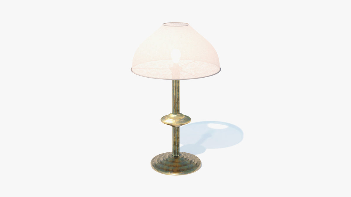 Edwardian table lamp 3D model for Blender with a domed linen shade, glowing bulb and aged brass and verdigris base