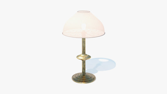 Edwardian table lamp 3D model for Blender with a domed linen shade, glowing bulb and aged brass and verdigris base