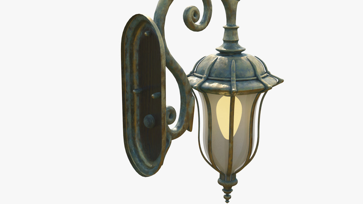 Back view of an Edwardian wall lamp 3D model for Blender, showing the oval wood backplate with studs and scrolled brass arm