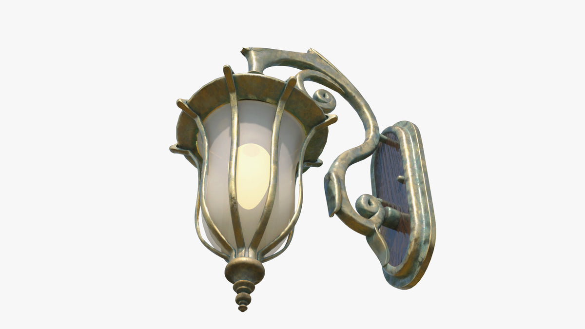 Low-angle view of an Edwardian wall lamp 3D model with a frosted glass lantern, brass ribs and decorative finial