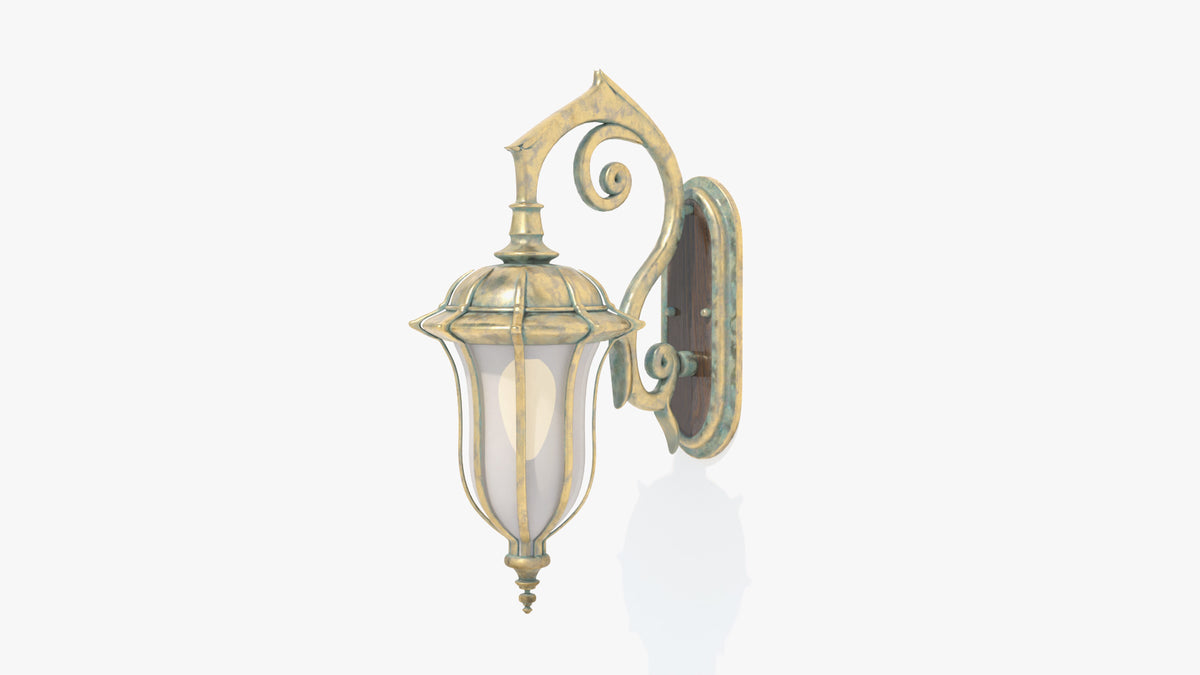 Edwardian wall lamp 3D model for Blender with scrolled aged brass arm, wood backplate and glowing frosted glass lantern