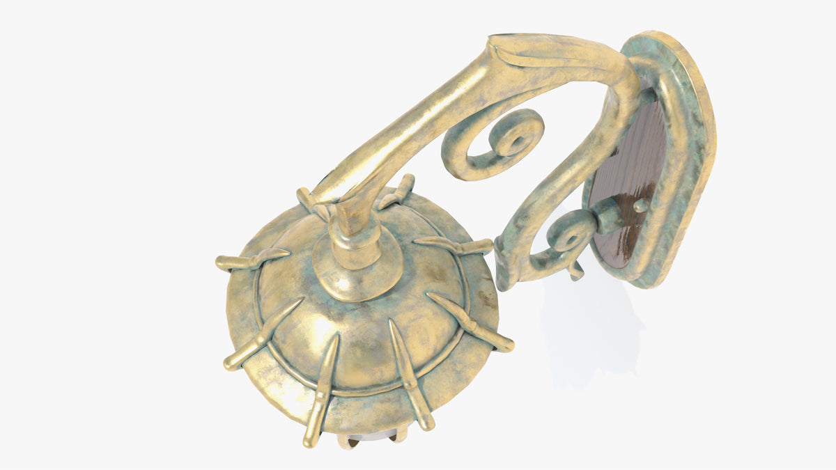 Top-down view of an Edwardian wall lamp 3D model showing the domed brass cap, spiked ribs and curved scroll arm