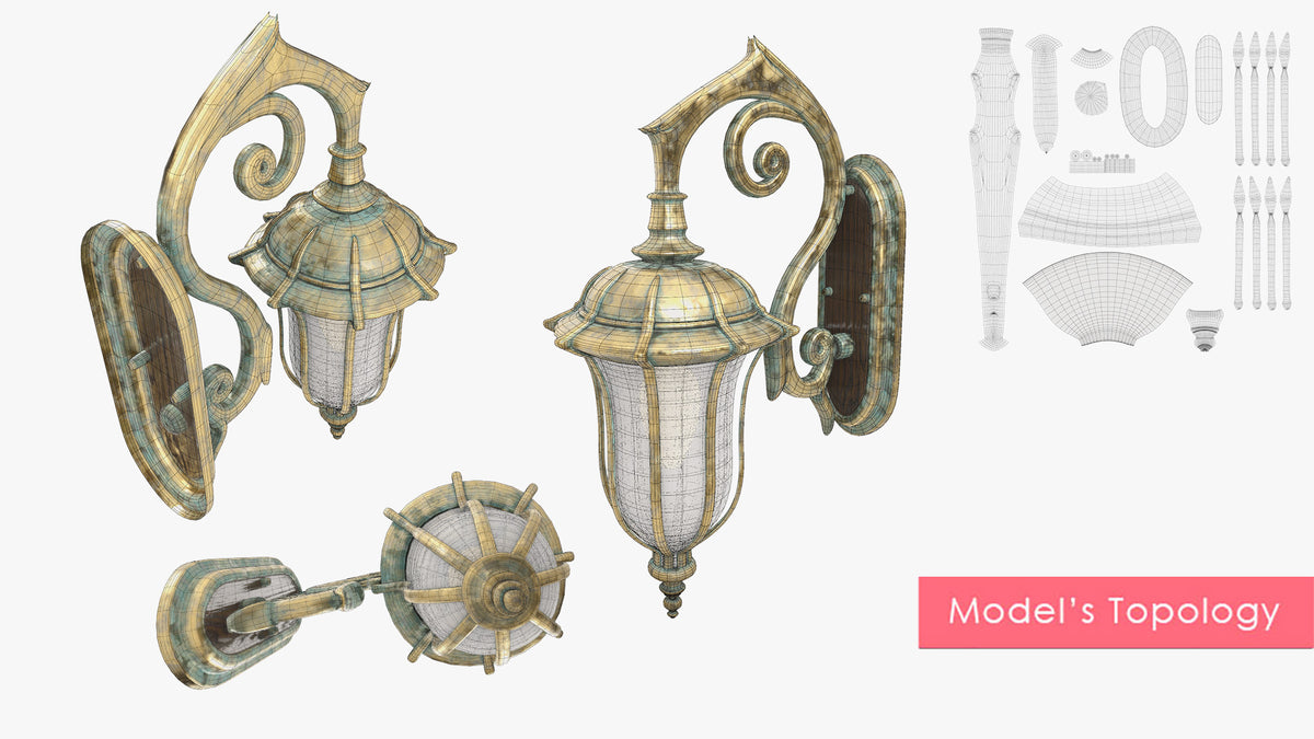 Wireframe topology and UV layout of an Edwardian wall lamp 3D model with clean quad geometry for Blender