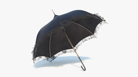 Gothic umbrella 3D model for Blender with a black pagoda canopy, lace trim and curved handle, low poly PBR game asset