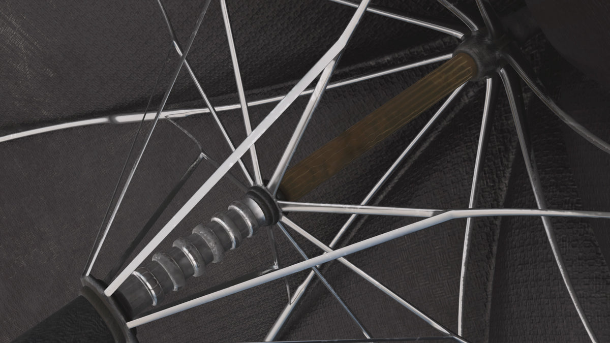 Close-up of the umbrella mechanism in a 3D model with a ribbed metal runner, thin steel ribs and a brass shaft, low poly PBR
