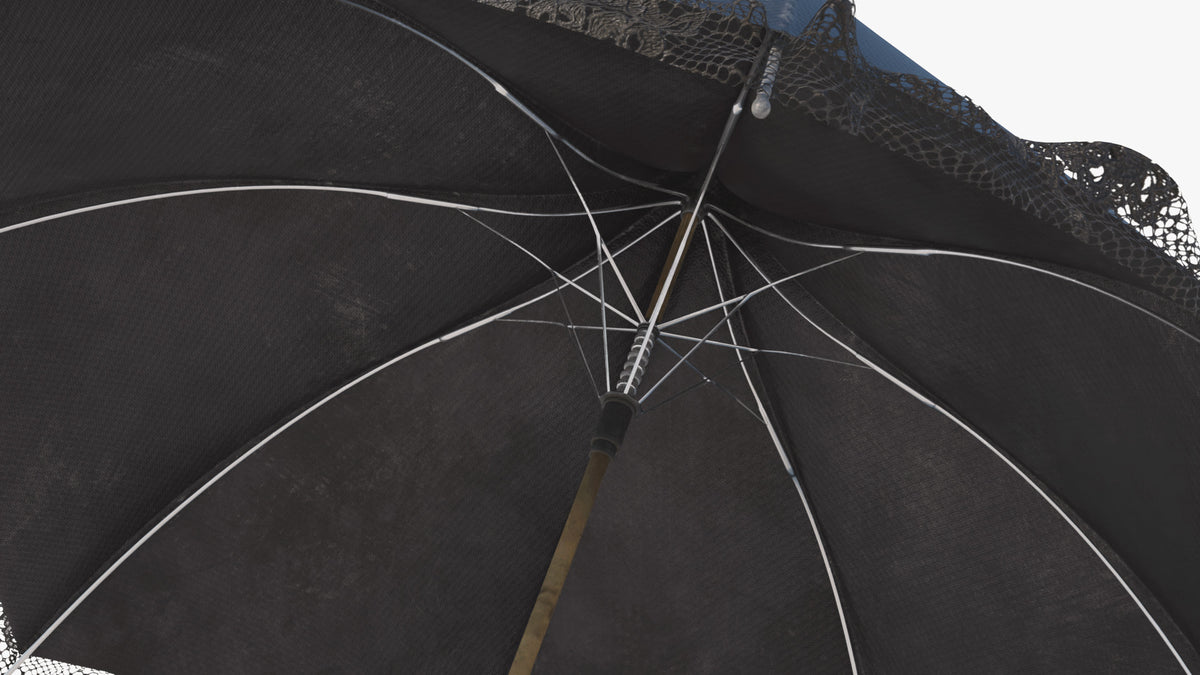 Underside of a Gothic umbrella 3D model showing the metal ribs, stretchers and brass shaft under a black fabric canopy