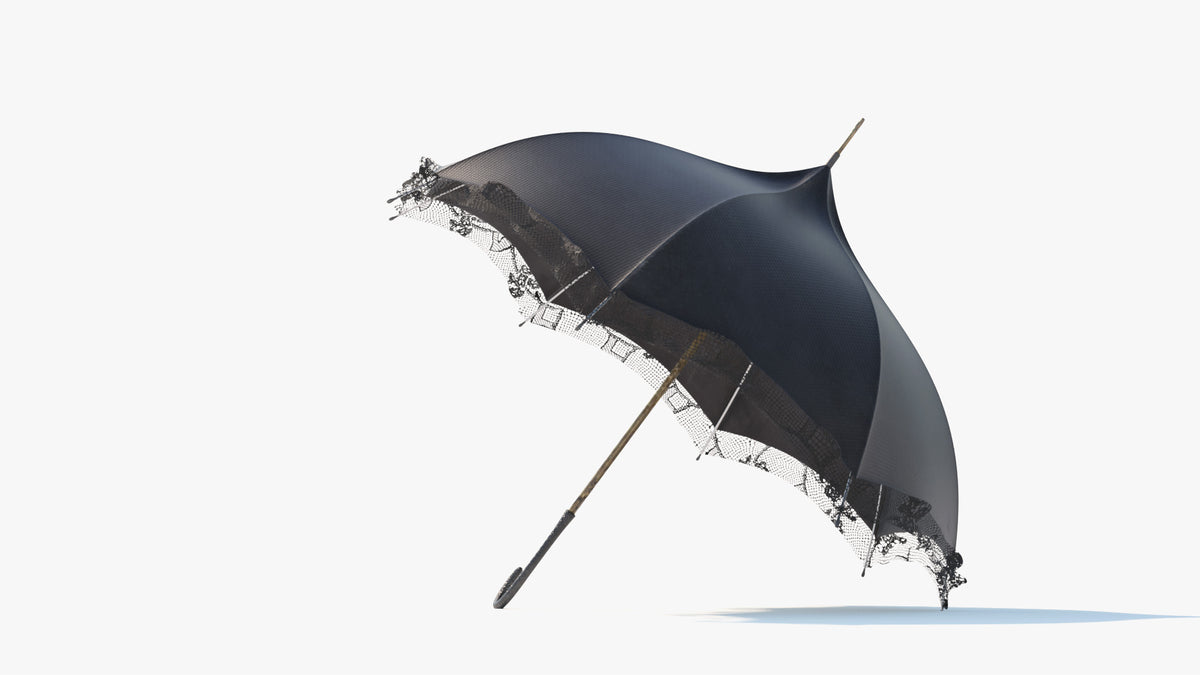 Side view of a Gothic umbrella 3D model with a curved pagoda canopy, lace ruffle edge and hooked handle for Blender