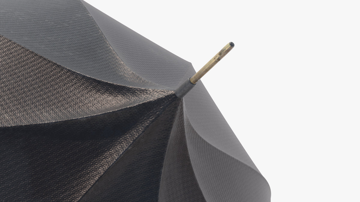 Close-up of the brass tip on top of a Gothic umbrella 3D model, with a woven black fabric texture, PBR game asset