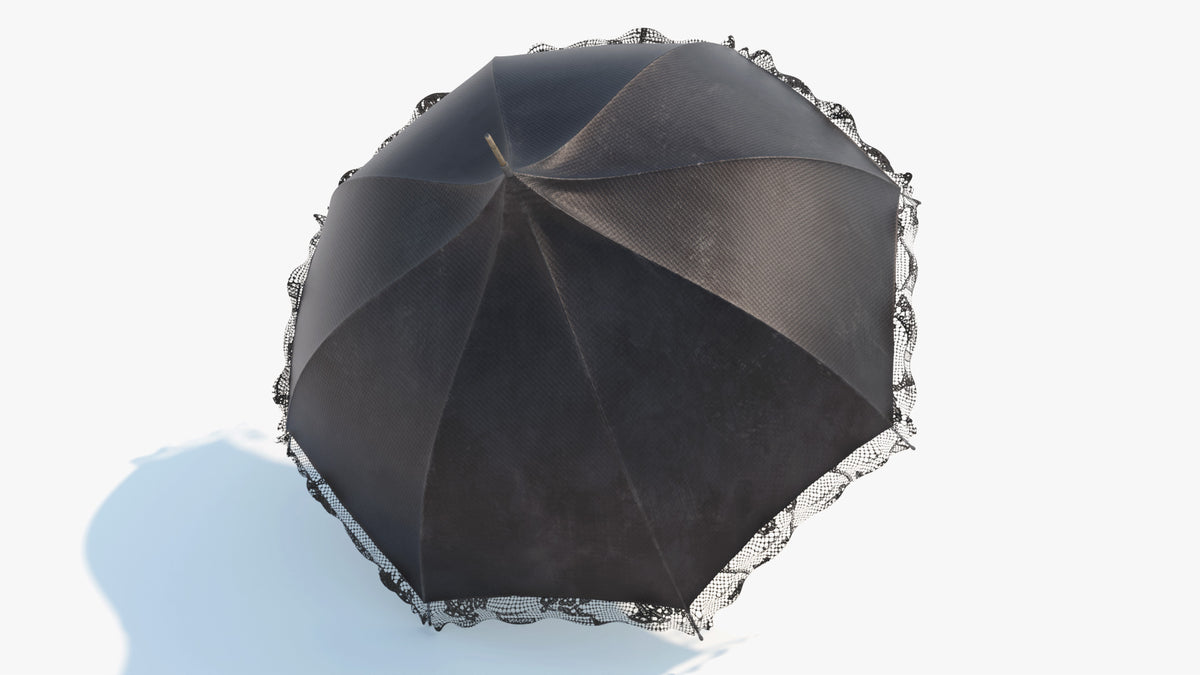 Top-down view of a Gothic umbrella 3D model showing the canopy panels and the black lace ruffle edge, low poly PBR