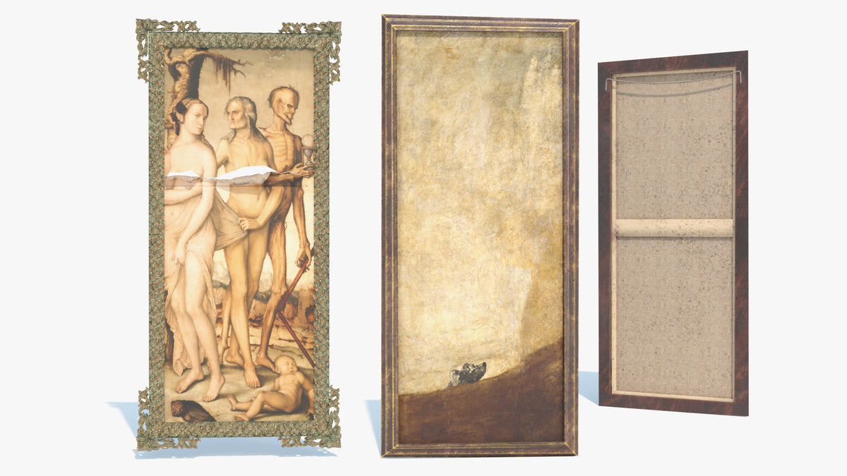 Haunted pack 3D models: framed Ages and Death painting, Goya’s The Dog in a wooden frame and a canvas back, PBR for Blender