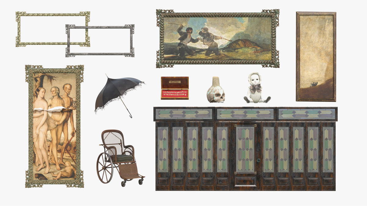 Haunted Halloween pack of Victorian Gothic 3D models: wheelchair, umbrella, doll, skull lamp, teeth box, frames and leaded door