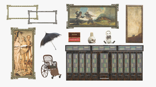 Haunted Halloween pack of Victorian Gothic 3D models: wheelchair, umbrella, doll, skull lamp, teeth box, frames and leaded door