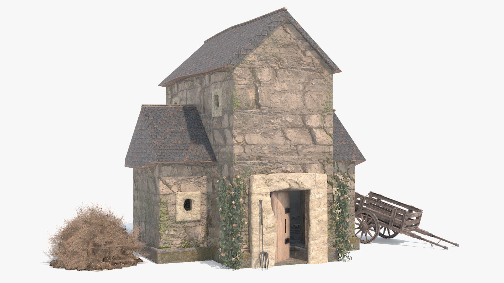 Medieval House with Roses, Cart, and Haystack - 3D Model – SM5 by Heledahn
