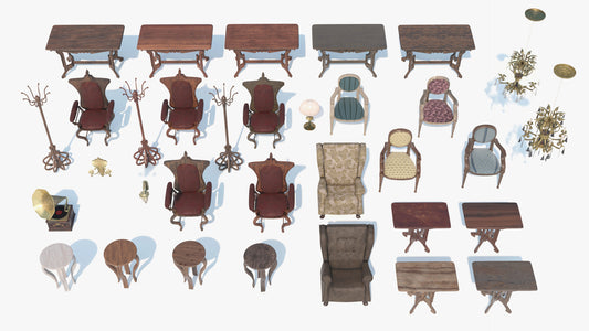 Victorian and Edwardian furniture 3D models for Blender: armchairs, tables, stools, coat stands, gramophone and chandelier, game-ready PBR low poly