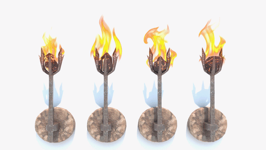 Animated 3d model of iron wall sconces lit with a charcoal and a flame. Lowpoly, game asset, PBR