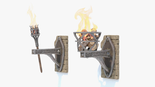 Two wall-mounted torches with flames on a white background. Game ready 3D model with low poly count and PBR materials