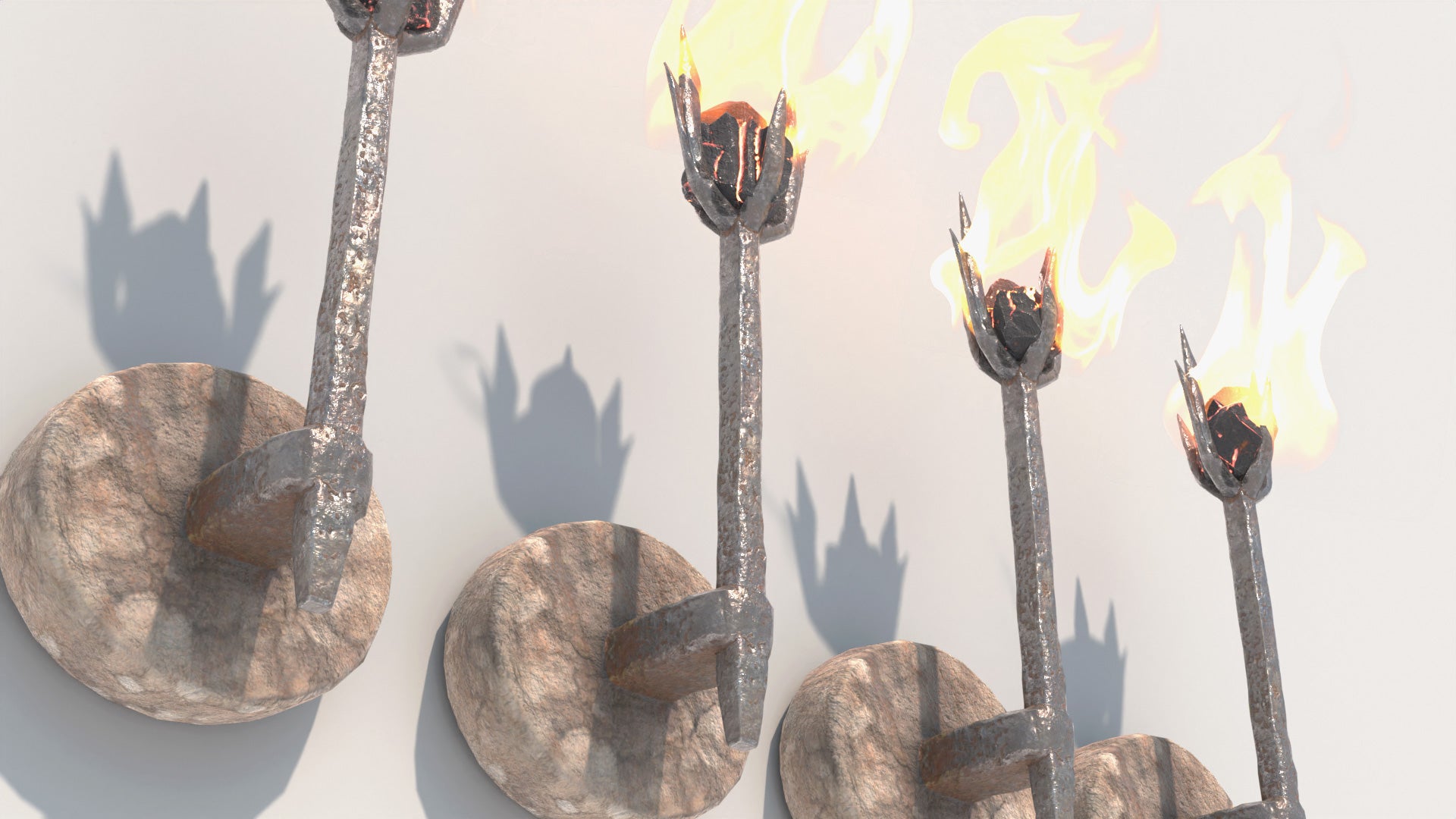 Wall-mounted torches with flames against a light background. Animated 3d model of iron wall sconces lit with a charcoal and a flame. Lowpoly, game asset, PBR