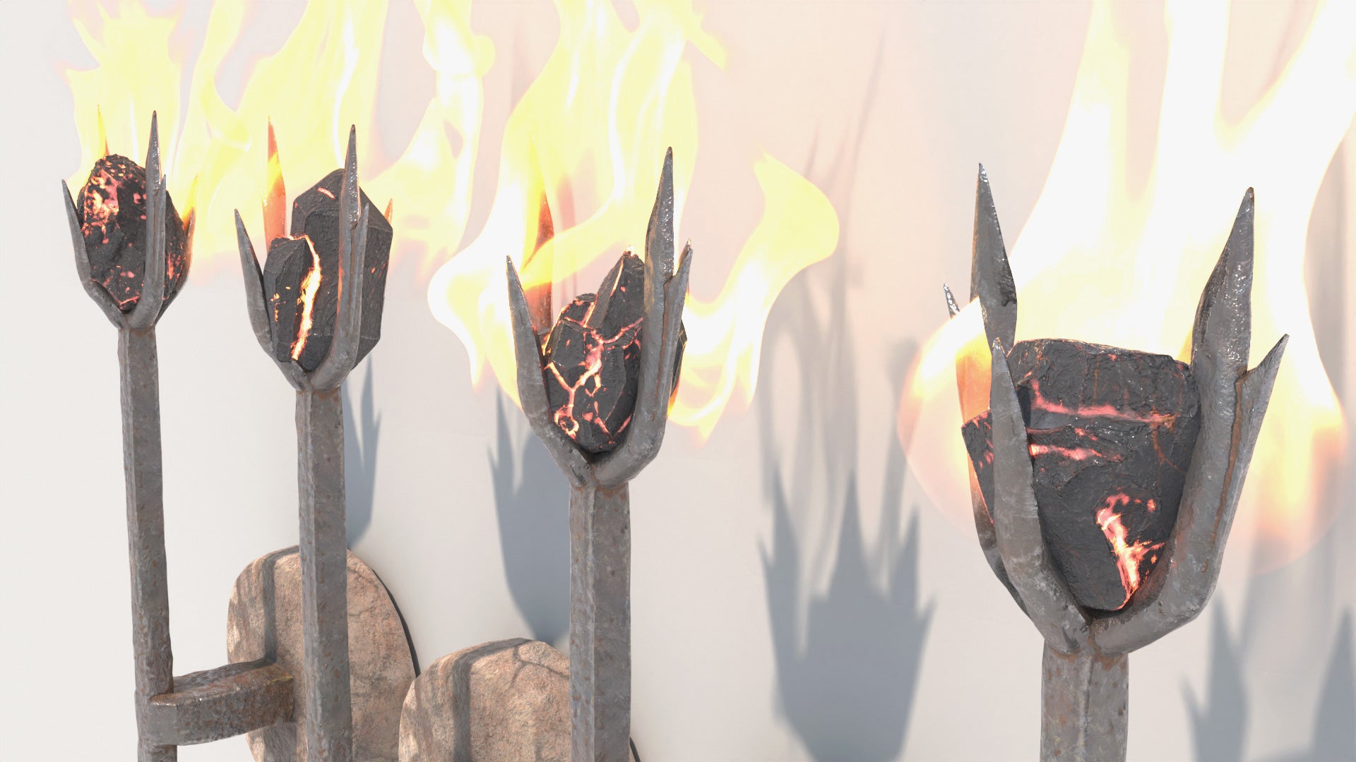 Decorative torches with flames against a light background. Animated 3d model of iron wall sconces lit with a charcoal and a flame. Lowpoly, game asset, PBR