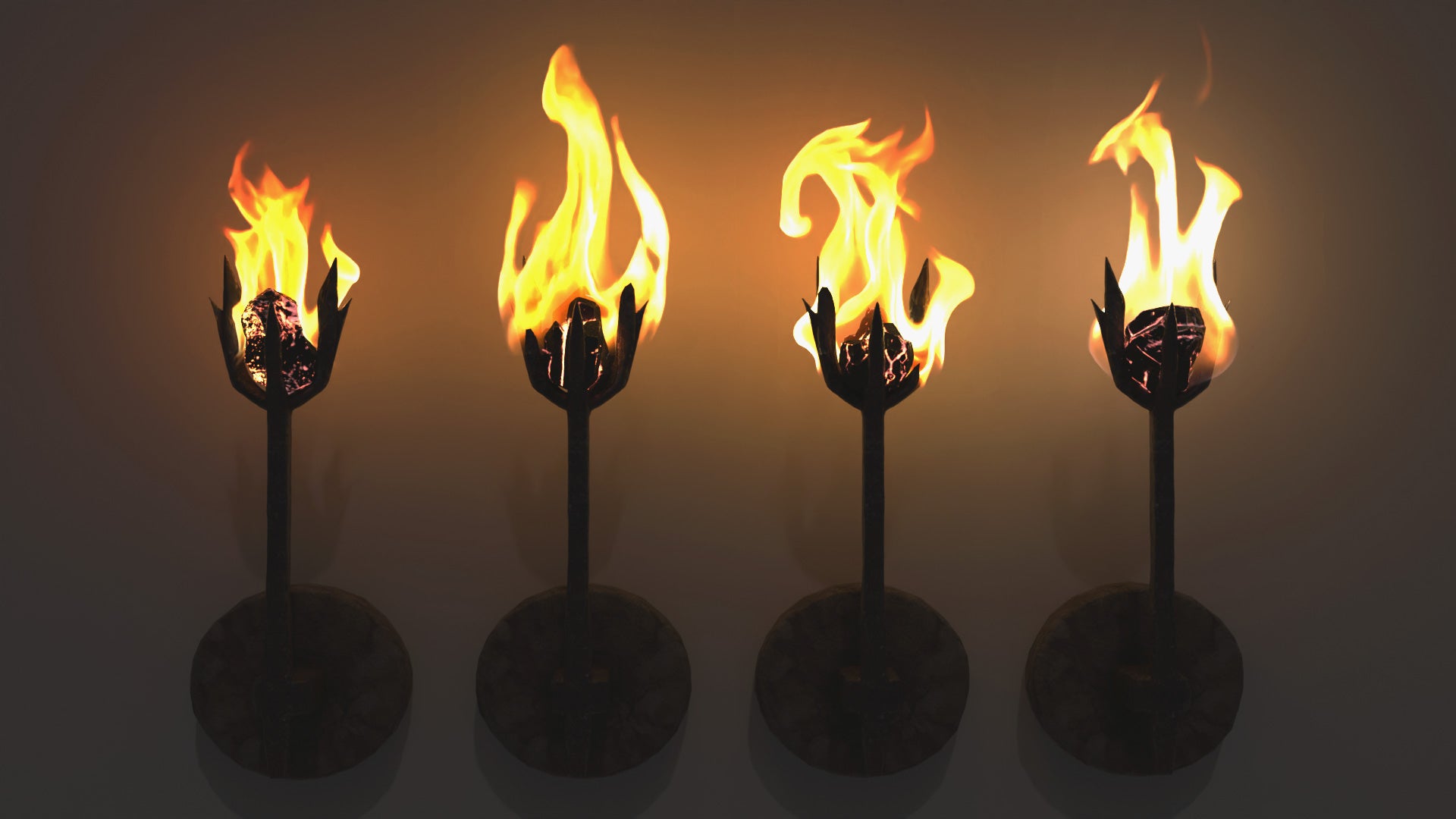 Four torches with flames on a dark background. Animated 3d model of iron wall sconces lit with a charcoal and a flame. Lowpoly, game asset, PBR