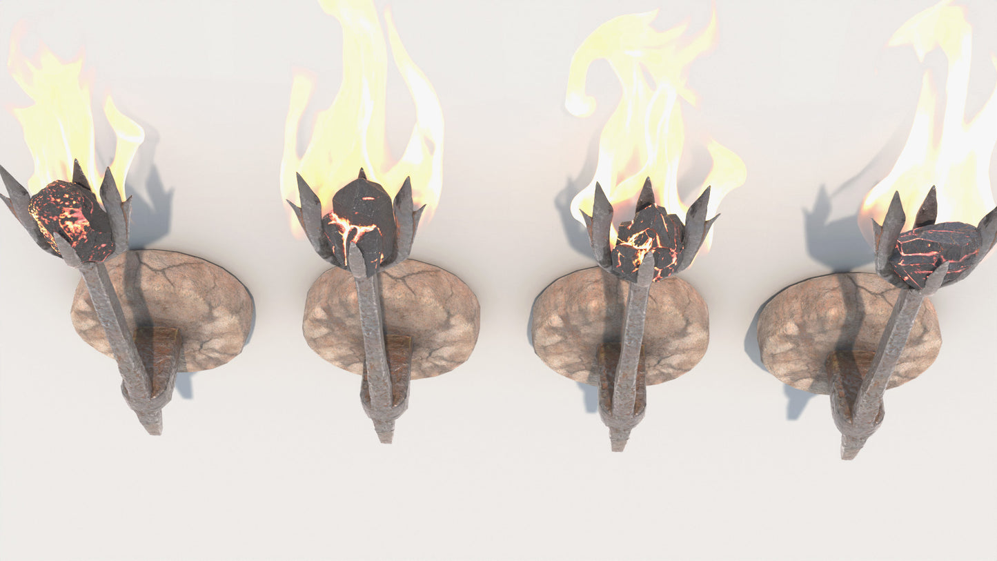 Four flaming torches on a white background. Animated 3d model of iron wall sconces lit with a charcoal and a flame. Lowpoly, game asset, PBR