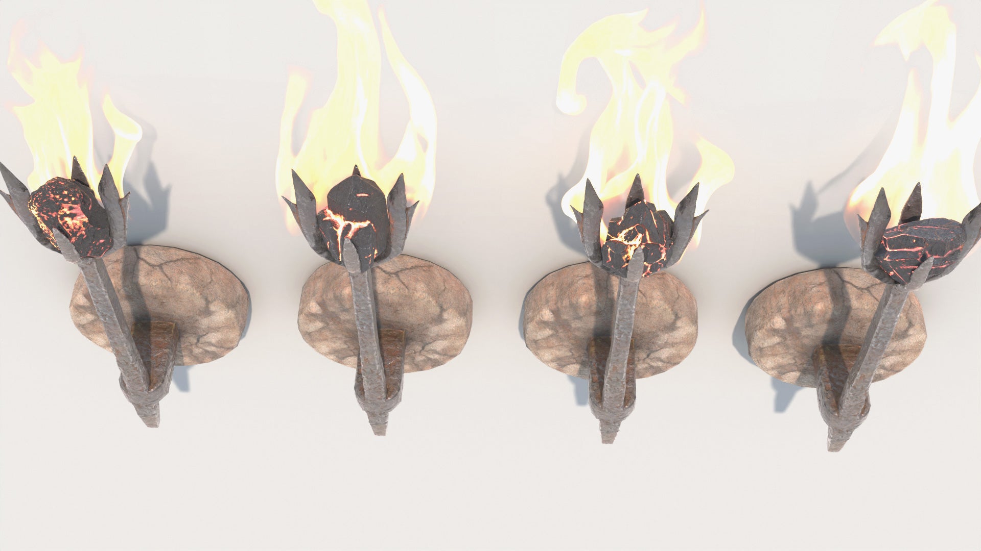 Four flaming torches on a white background. Animated 3d model of iron wall sconces lit with a charcoal and a flame. Lowpoly, game asset, PBR