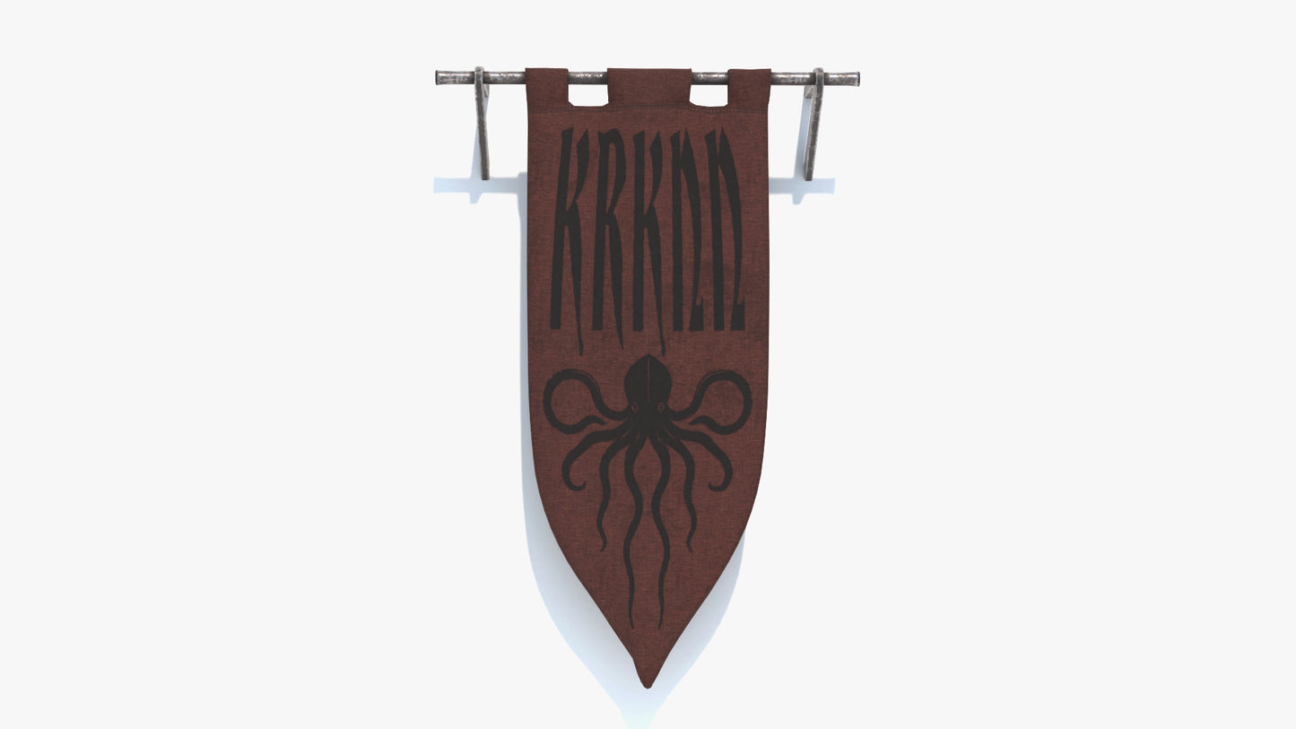 3D model of a medieval fantasy banner with stylized lettering and a kraken emblem. Game ready 3D model with low poly count and PBR materials