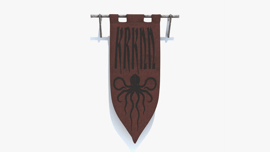 3D model of a medieval fantasy banner with stylized lettering and a kraken emblem. Game ready 3D model with low poly count and PBR materials