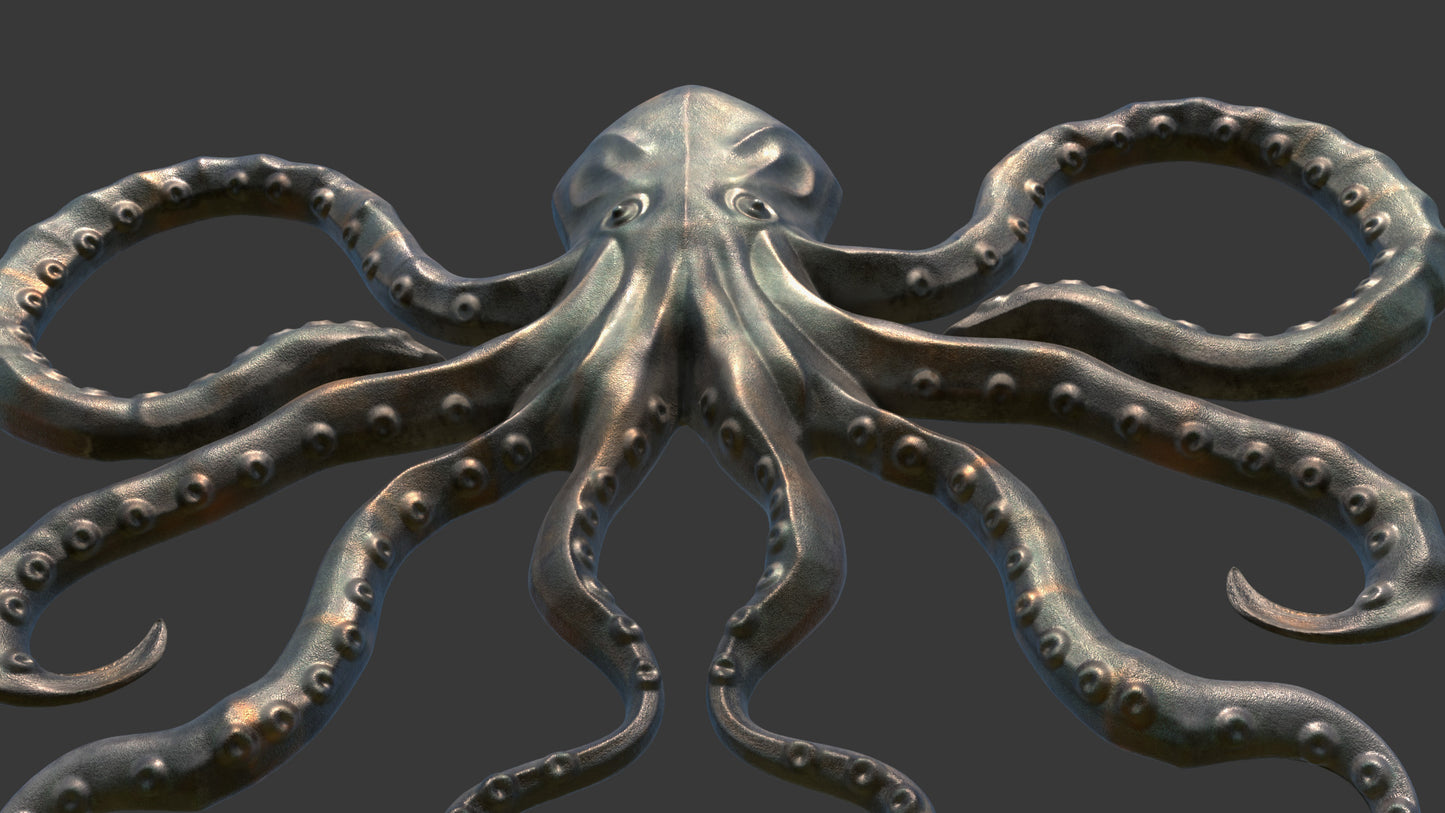 Metallic octopus sculpture on a dark background, 3D model, game asset, pbr