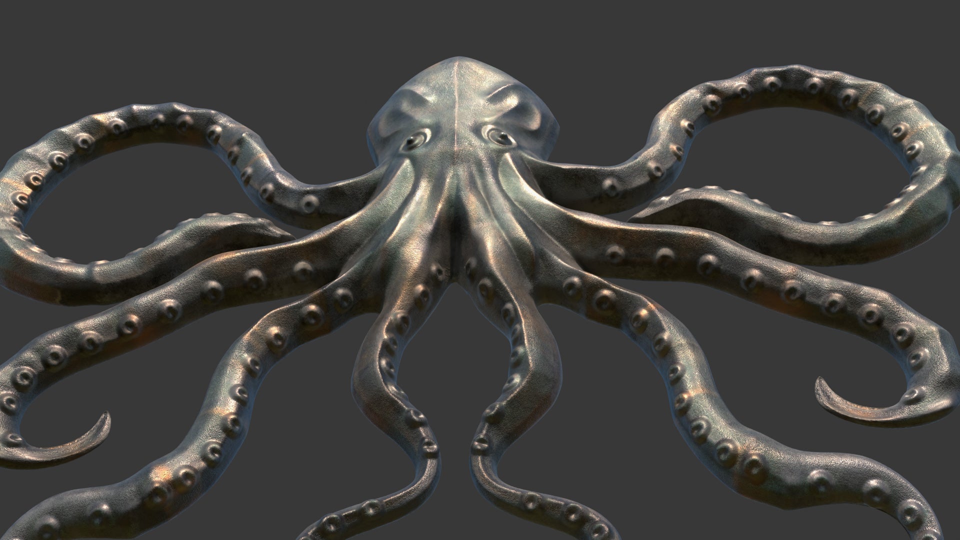 Metallic octopus sculpture on a dark background, 3D model, game asset, pbr