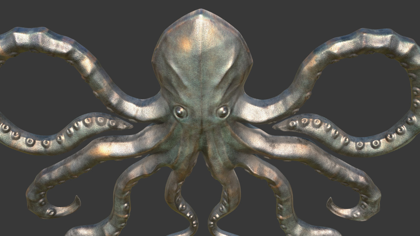 Metallic octopus sculpture on a dark background, 3D model, game asset, pbr