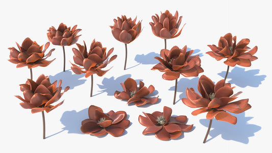 Large red decorative flowers 3d model with loiw polycount and PBR textures, comes in Blender, OBJ, FBX and GLB formats