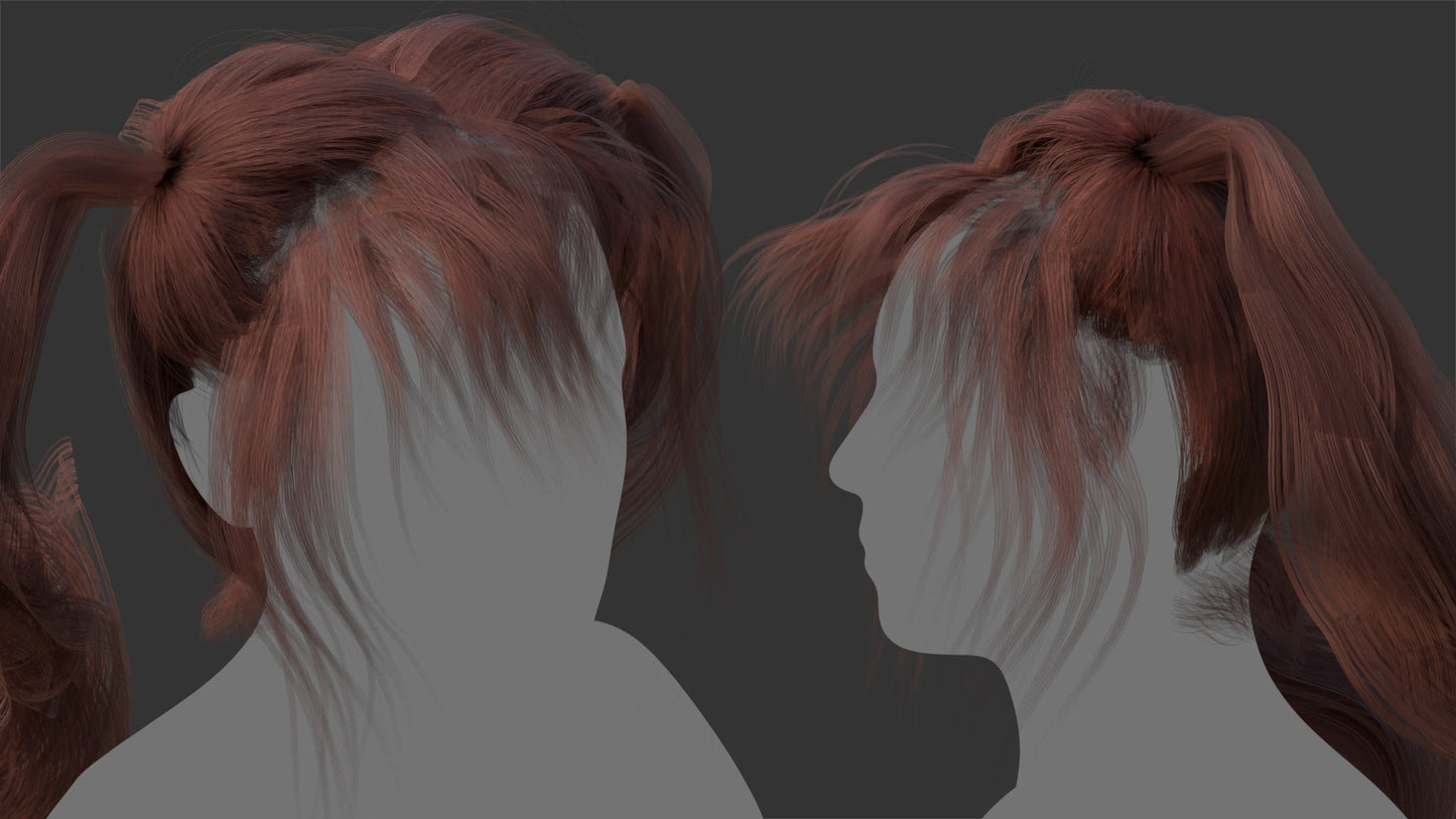 Long manga style ponytails hair 3D model in OBJ with lowpoly and PBR textures by Heledahn