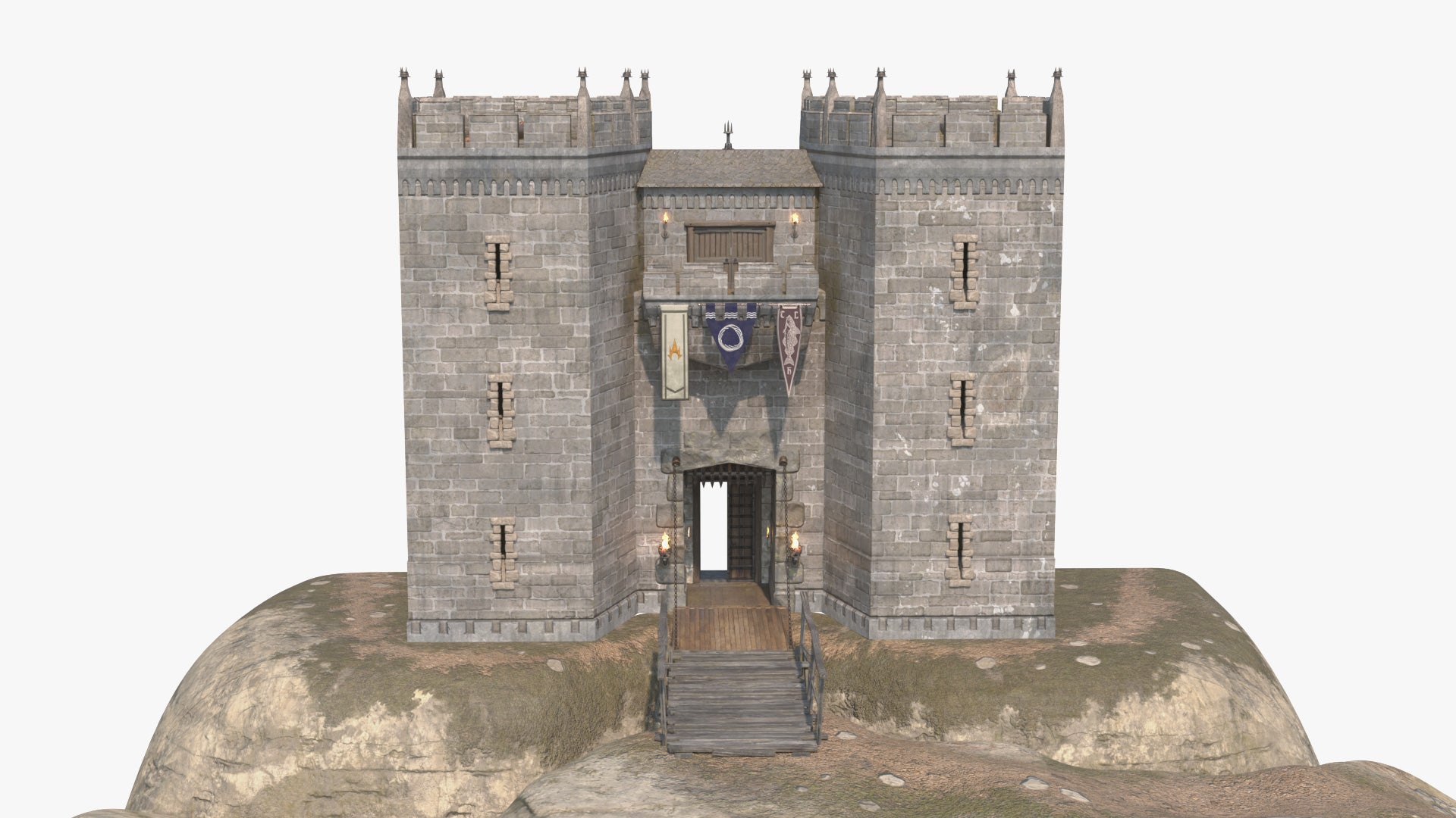 Town Gate with Drawbridge & Cliff - 3D Model | Blender | GLB, FBX ...