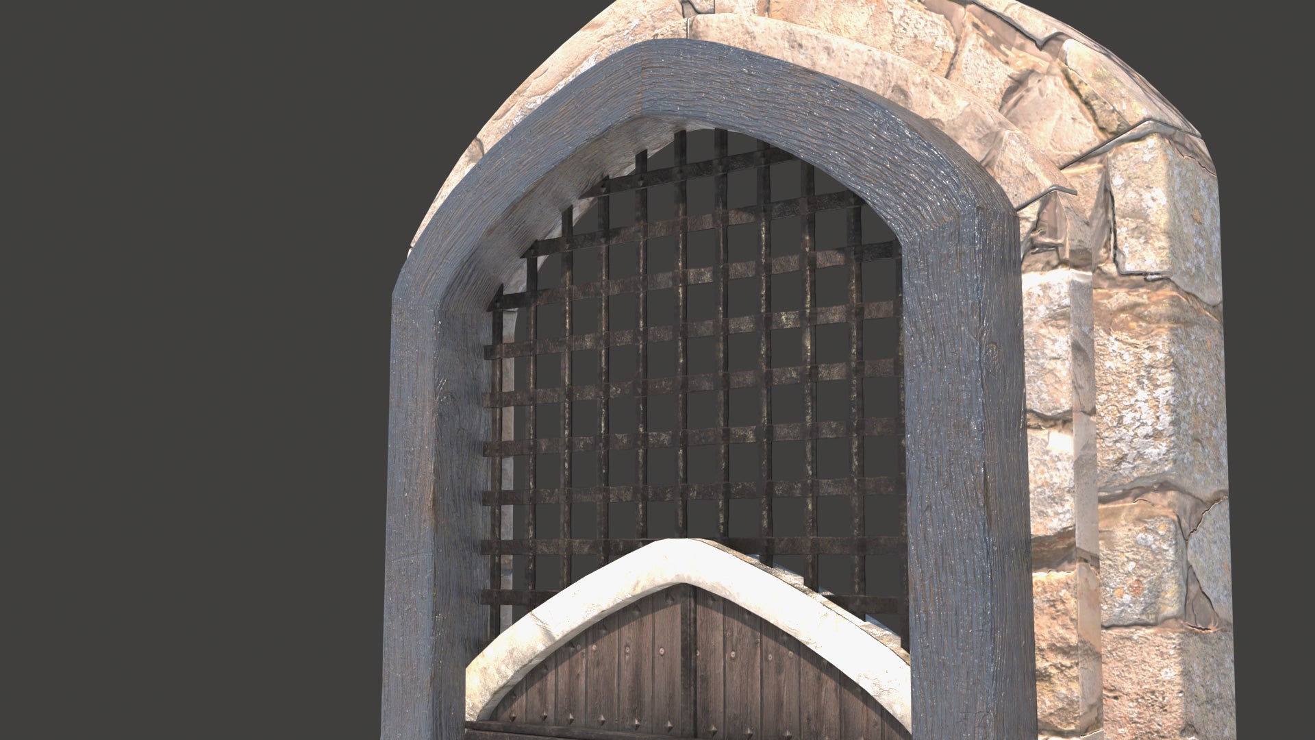 Stone archway with a metal grille on a gray background